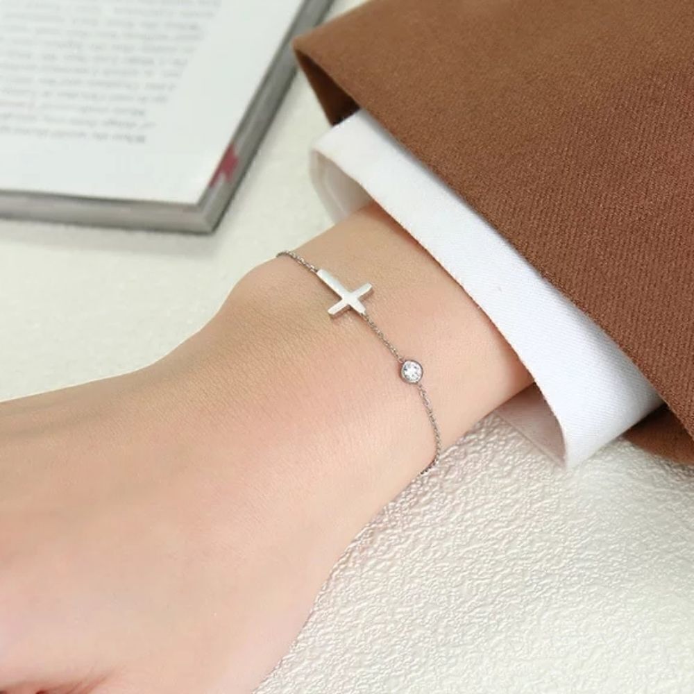 Altar'd State Silver Sideways Cross Bracelet Cubic Zirconia Charm NEW